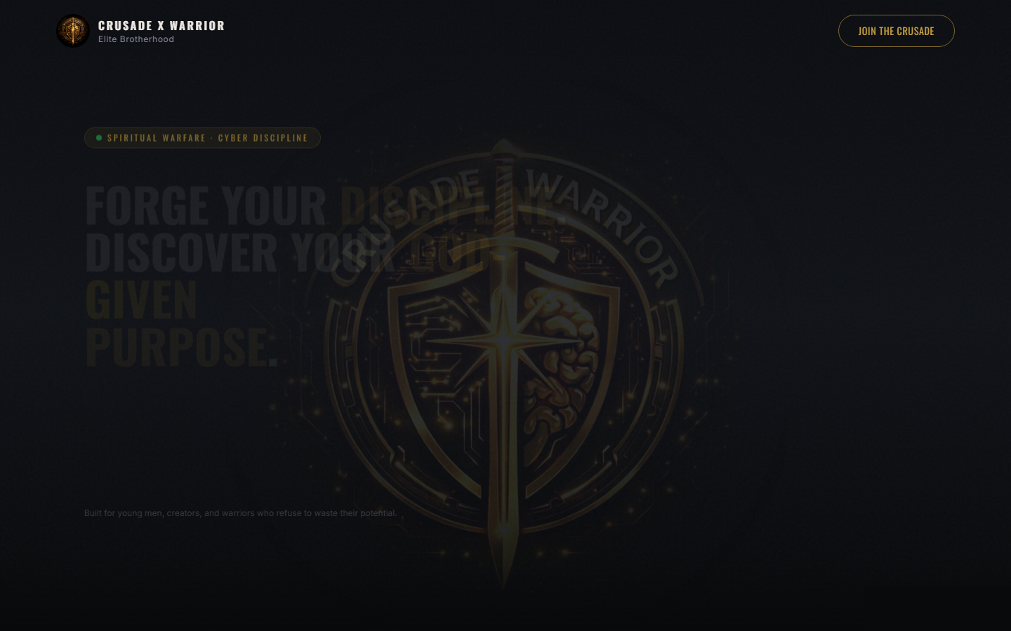 Crusade X Warrior website — a gold warrior emblem on black, Faith Discipline Execution